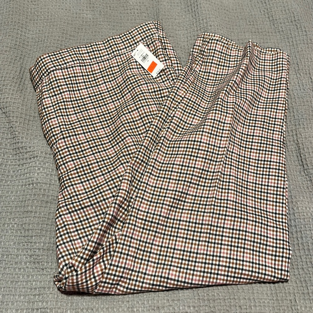 Old Navy Pants Size 18 Pink White Brown Plaid Fake Fly Elastic Waist NWT